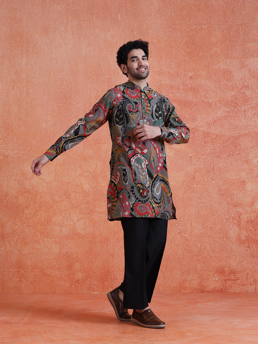 Grey Cotton Blend Printed Mid Kurta Wide Leg Trouser Set