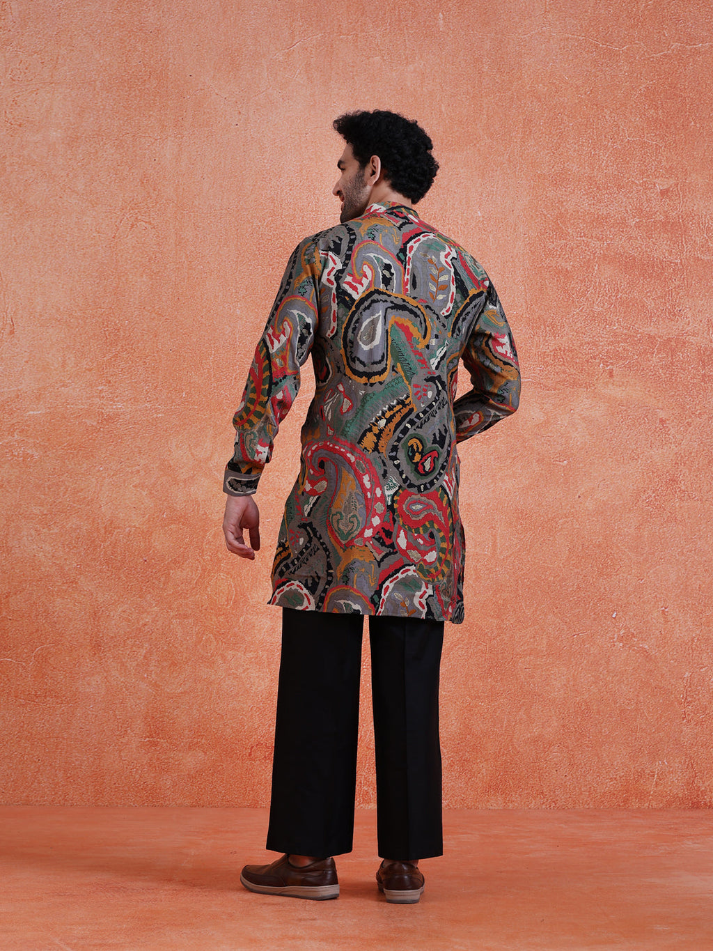 Grey Cotton Blend Printed Mid Kurta Wide Leg Trouser Set