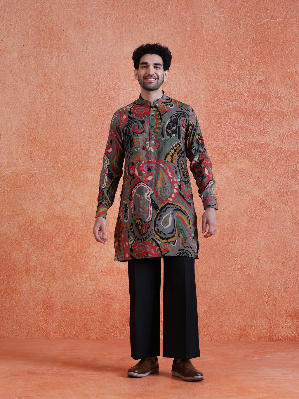 Grey Cotton Blend Printed Mid Kurta Wide Leg Trouser Set