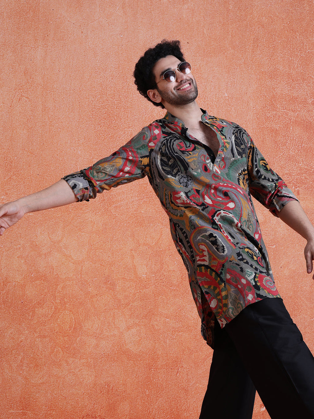 Grey Cotton Blend Printed Mid Kurta Wide Leg Trouser Set