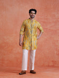 Yellow Polyviscose Printed Front Open Mid Kurta Wide Leg Trouser Set