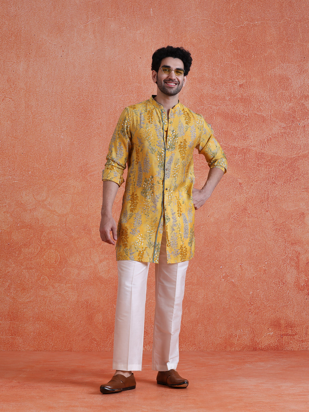 Yellow Polyviscose Printed Front Open Mid Kurta Wide Leg Trouser Set