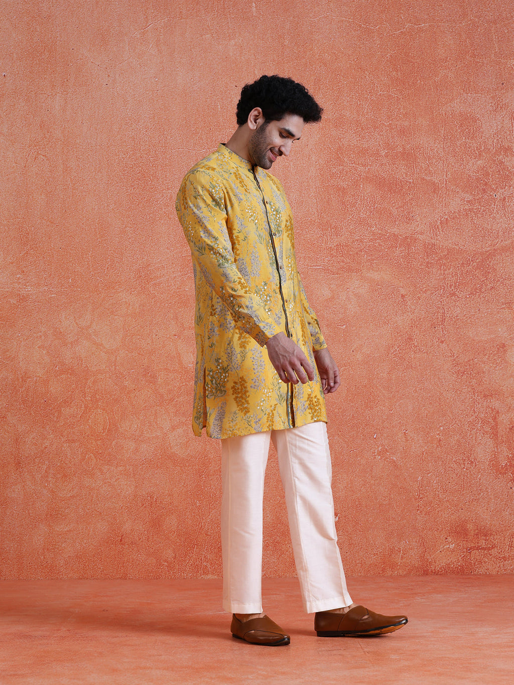 Yellow Polyviscose Printed Front Open Mid Kurta Wide Leg Trouser Set