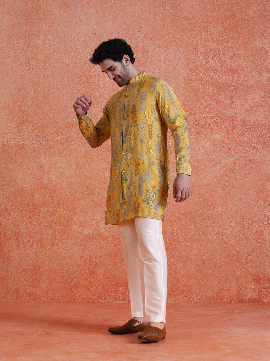 Yellow Polyviscose Printed Front Open Mid Kurta Wide Leg Trouser Set