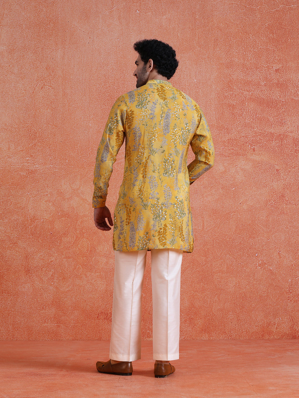 Yellow Polyviscose Printed Front Open Mid Kurta Wide Leg Trouser Set
