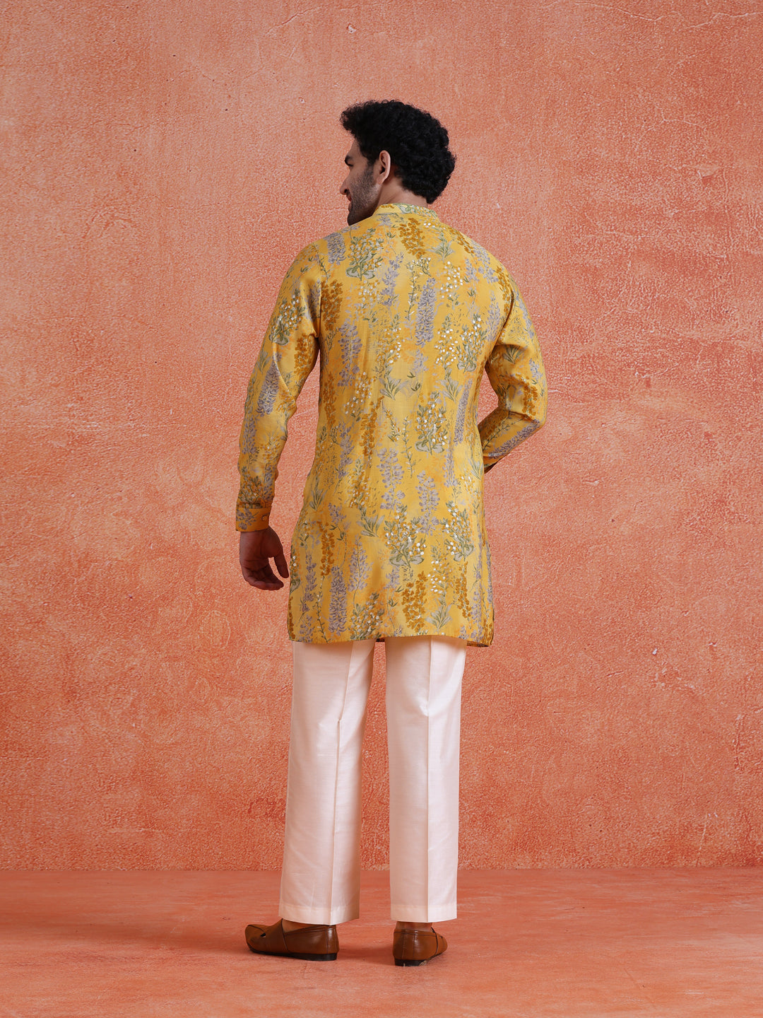 Yellow Polyviscose Printed Front Open Mid Kurta Wide Leg Trouser Set