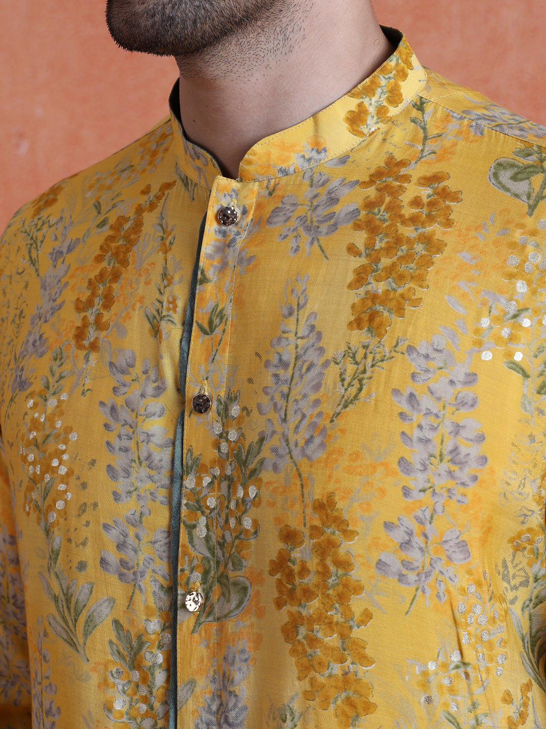 Yellow Polyviscose Printed Front Open Mid Kurta Wide Leg Trouser Set
