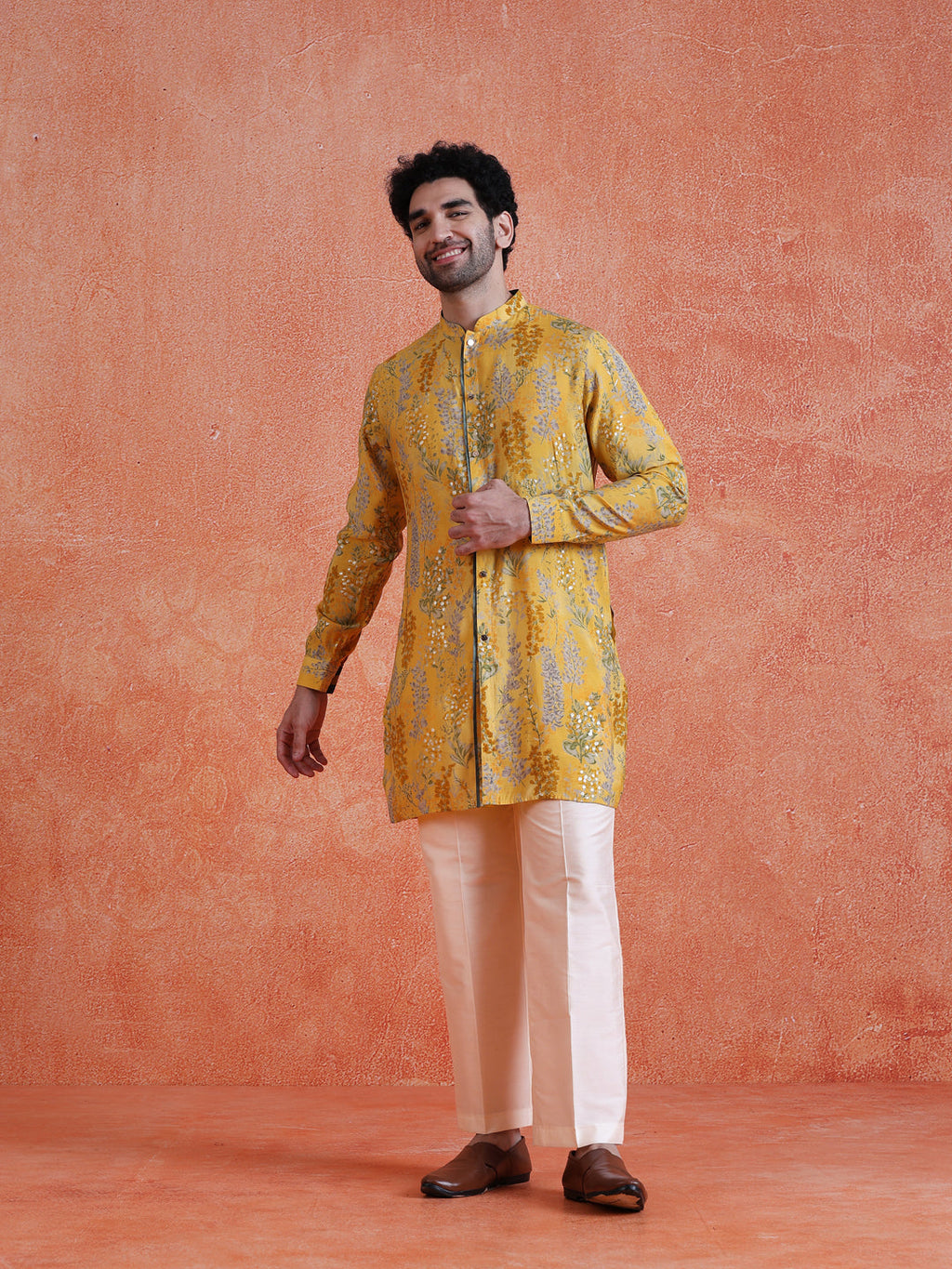 Yellow Polyviscose Printed Front Open Mid Kurta Wide Leg Trouser Set