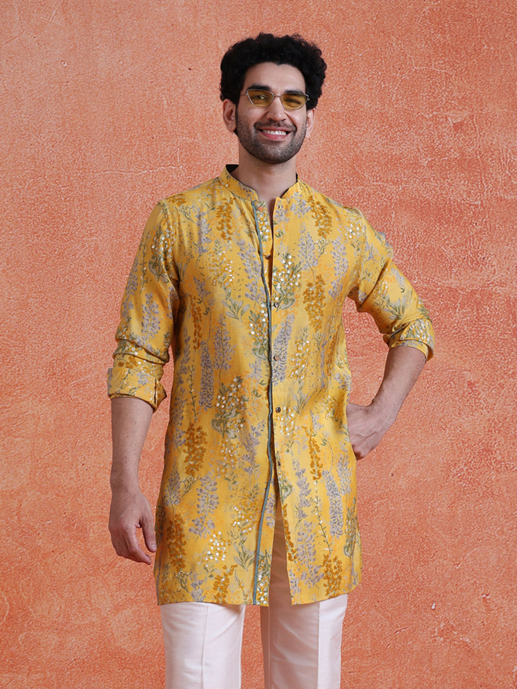 Yellow Polyviscose Printed Front Open Mid Kurta Wide Leg Trouser Set