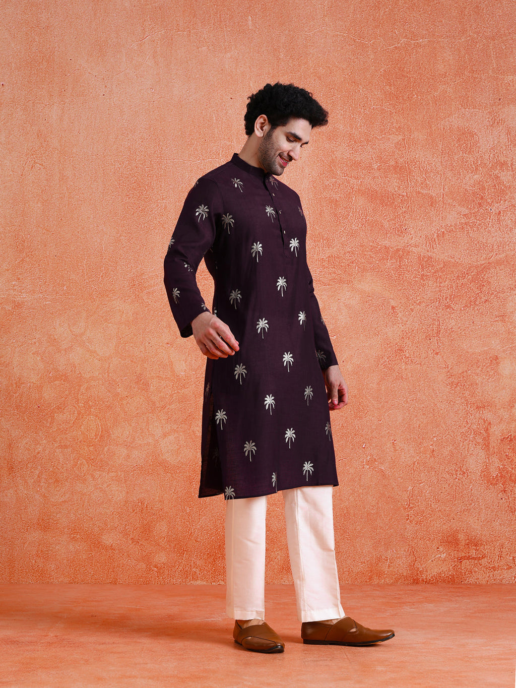 Maroon Silk Blend Printed Kurta Wide Leg Trouser Set