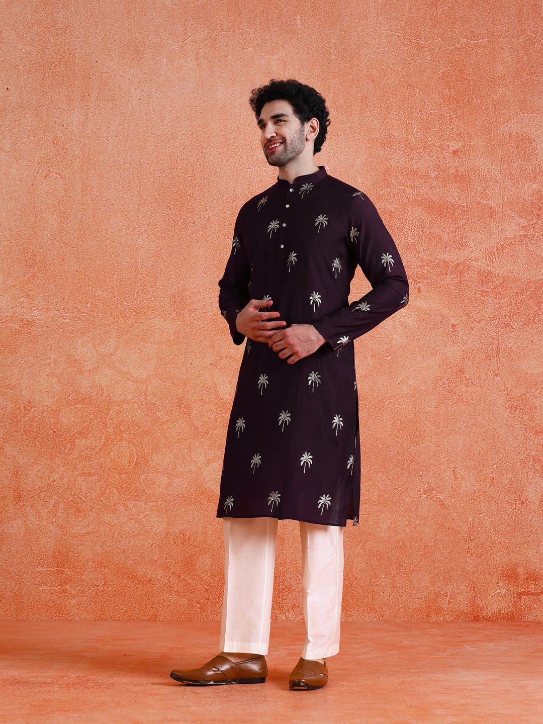 Maroon Silk Blend Printed Kurta Wide Leg Trouser Set