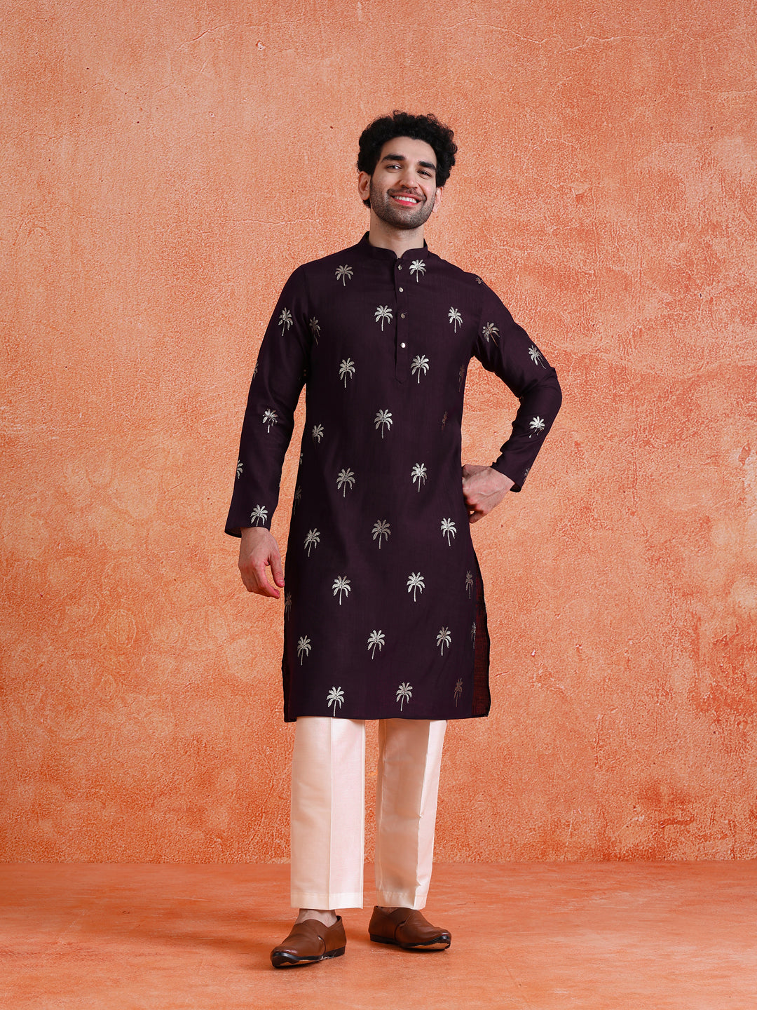 Maroon Silk Blend Printed Kurta Wide Leg Trouser Set