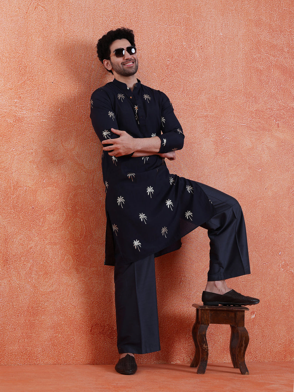 Navy Blue Polyrayon Gold Print Kurta Wide Leg Trouser Set