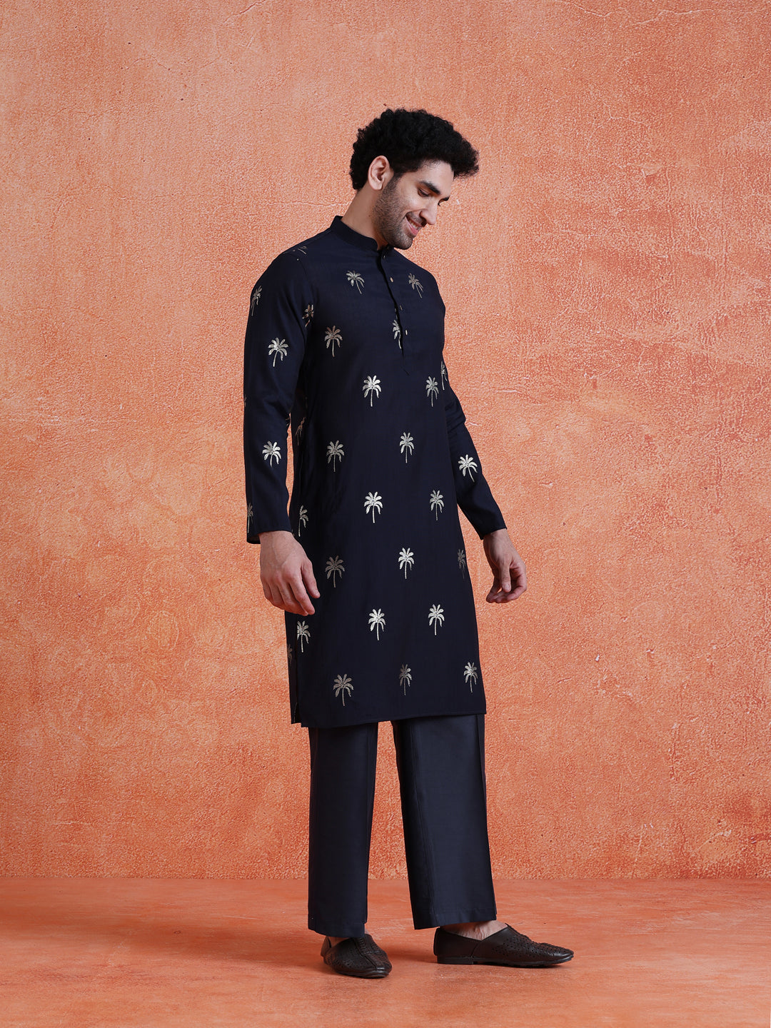 Navy Blue Polyrayon Gold Print Kurta Wide Leg Trouser Set
