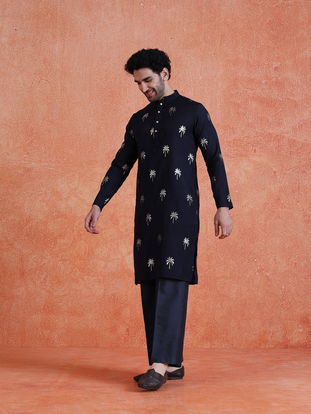 Navy Blue Polyrayon Gold Print Kurta Wide Leg Trouser Set