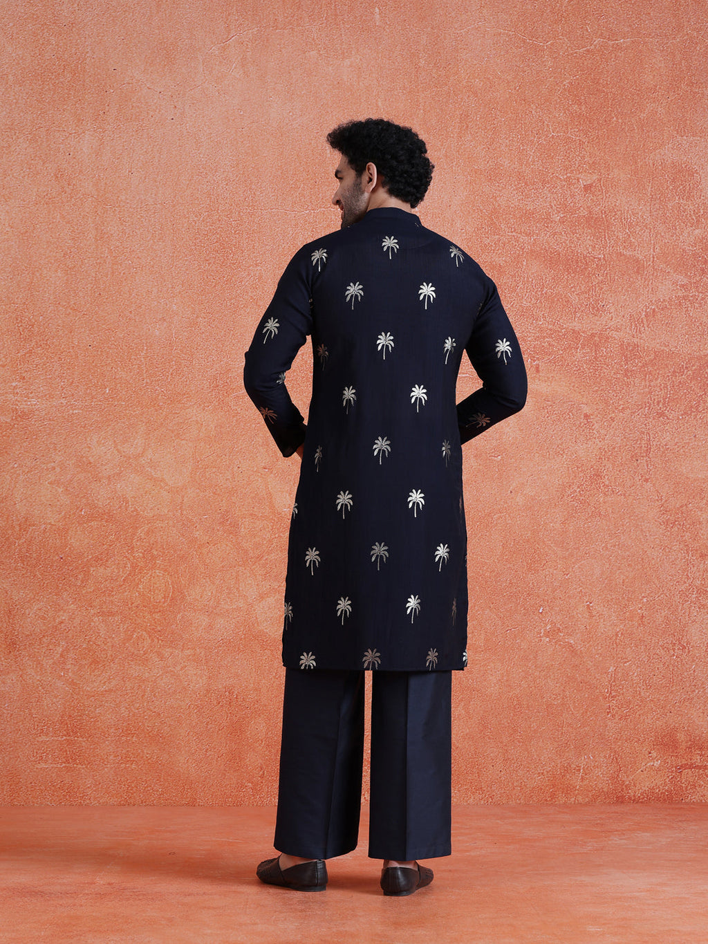 Navy Blue Polyrayon Gold Print Kurta Wide Leg Trouser Set