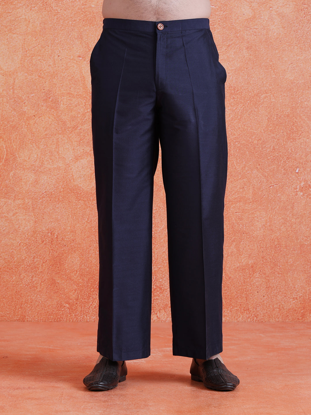 Navy Blue Polyrayon Gold Print Kurta Wide Leg Trouser Set
