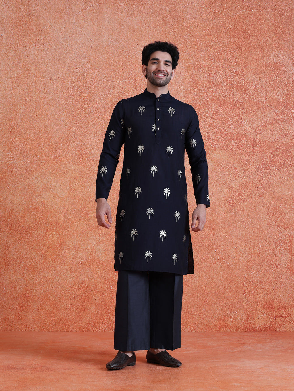 Navy Blue Polyrayon Gold Print Kurta Wide Leg Trouser Set