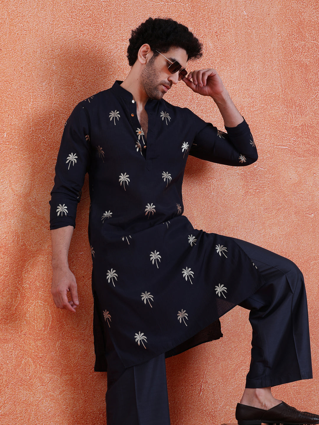 Navy Blue Polyrayon Gold Print Kurta Wide Leg Trouser Set