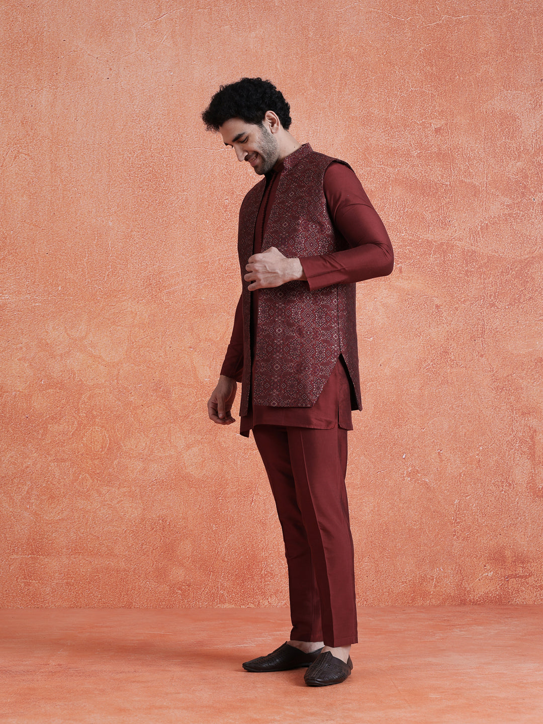 Maroon Silk Blend Jacquard Mid Kurta Front Open Long Jacket Trouser Set
