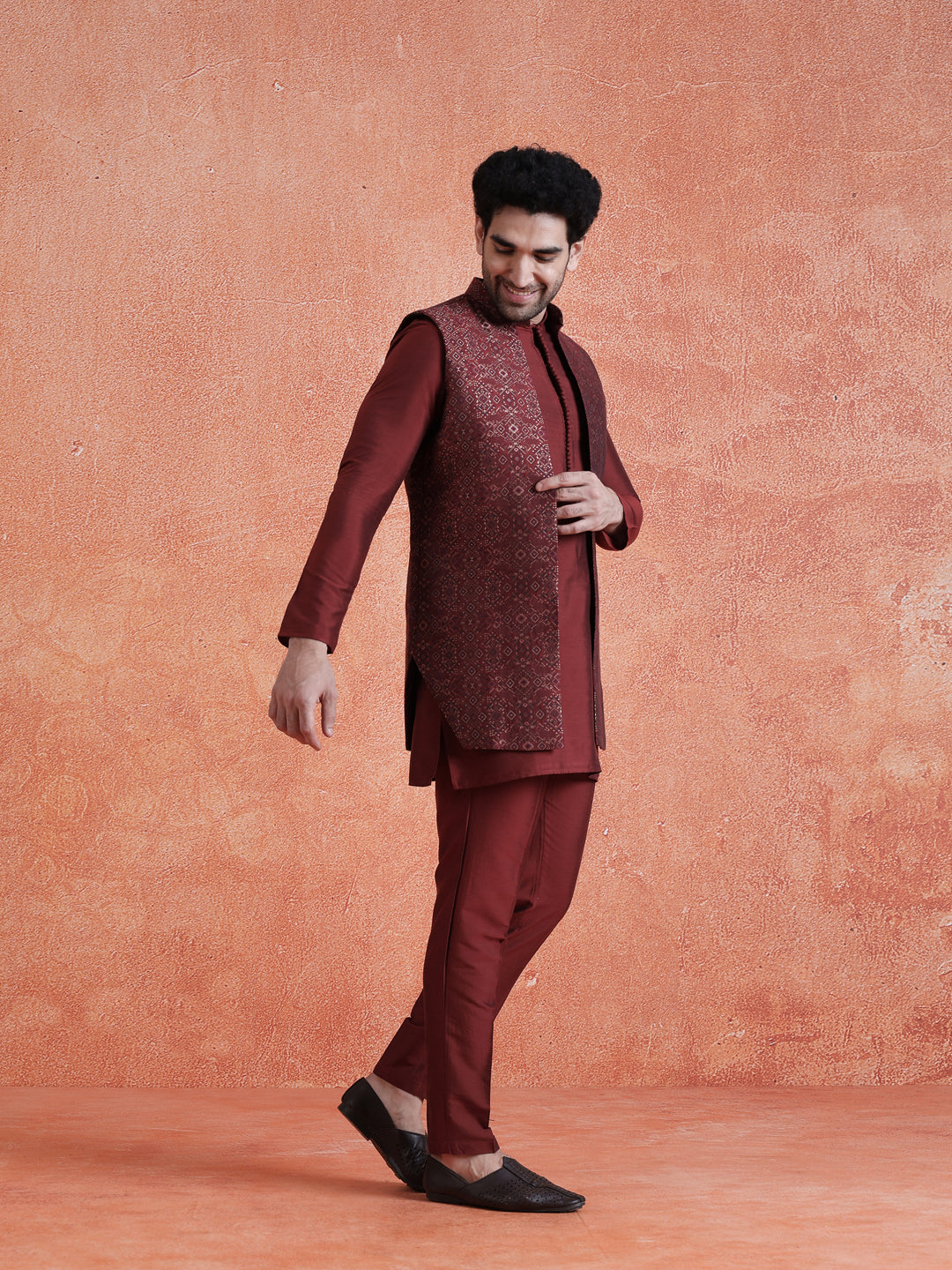 Maroon Silk Blend Jacquard Mid Kurta Front Open Long Jacket Trouser Set