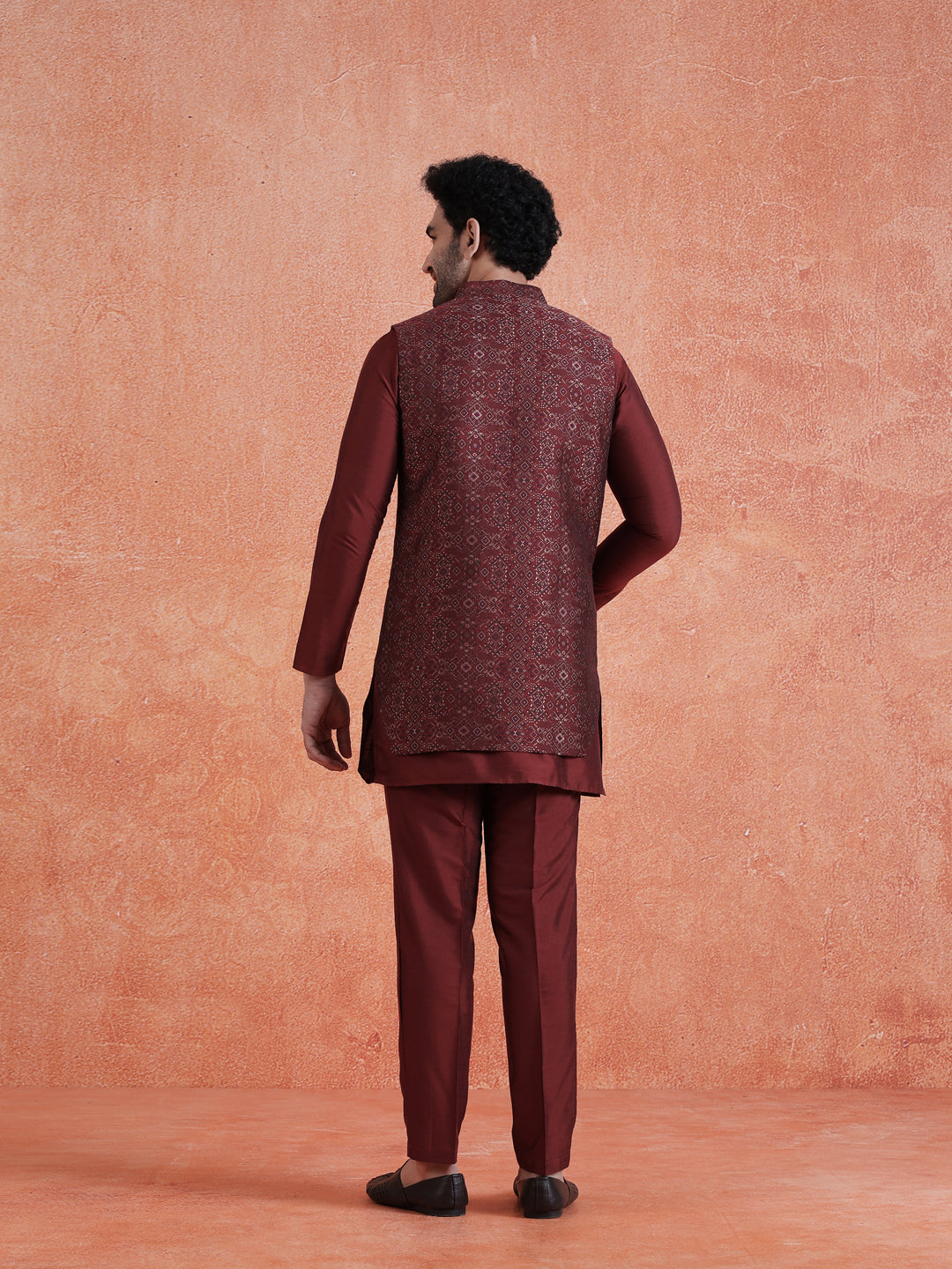 Maroon Silk Blend Jacquard Mid Kurta Front Open Long Jacket Trouser Set