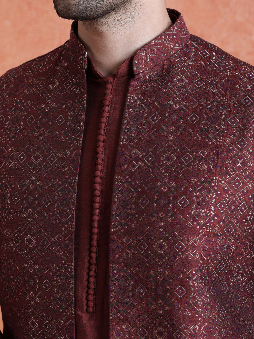 Maroon Silk Blend Jacquard Mid Kurta Front Open Long Jacket Trouser Set