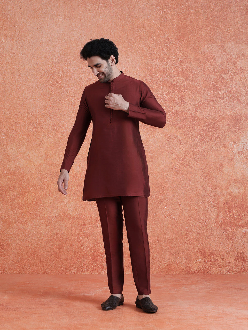Maroon Silk Blend Jacquard Mid Kurta Front Open Long Jacket Trouser Set