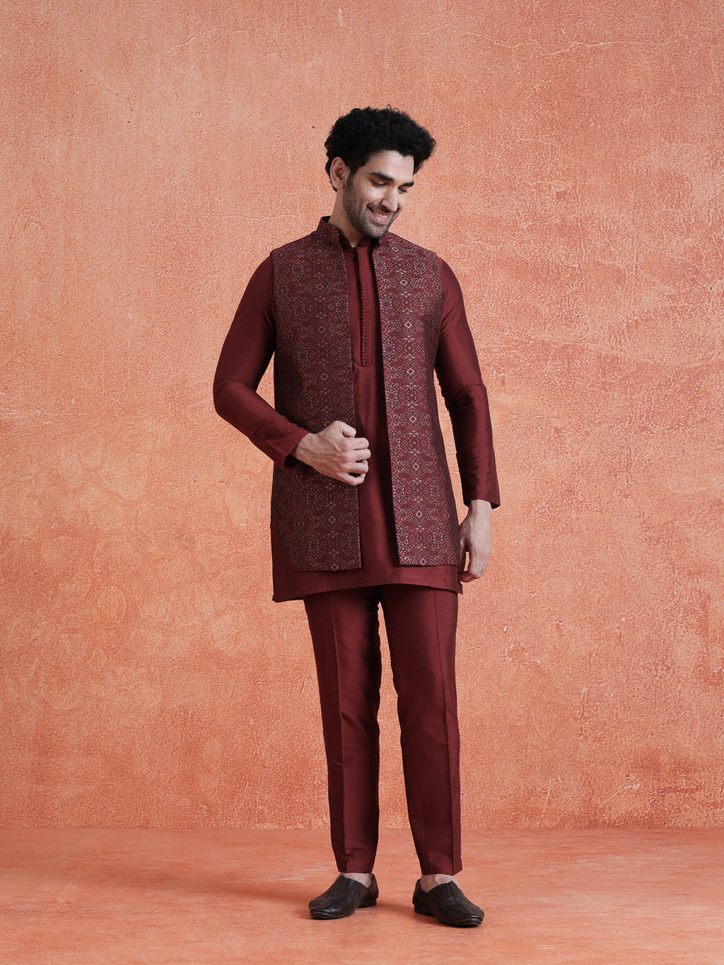 Maroon Silk Blend Jacquard Mid Kurta Front Open Long Jacket Trouser Set