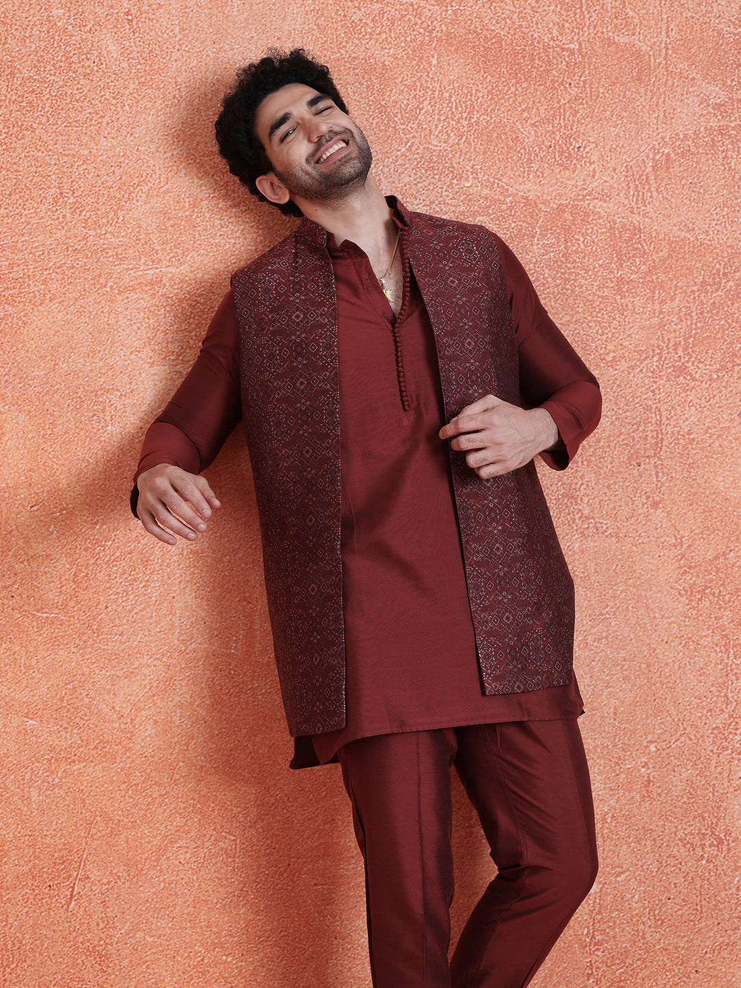 Maroon Silk Blend Jacquard Mid Kurta Front Open Long Jacket Trouser Set