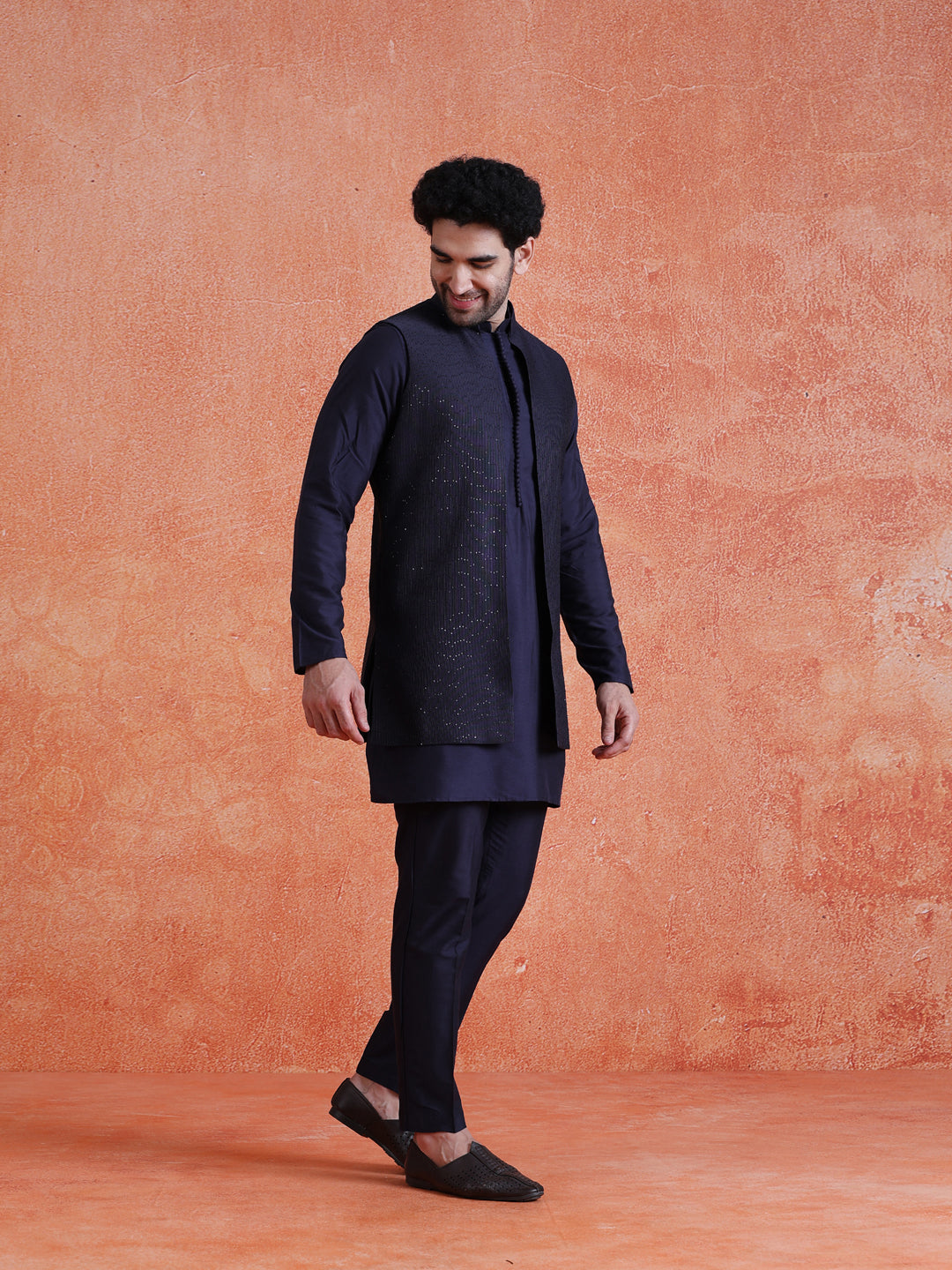 Blue Silk Blend Sequin Mid Kurta Front Open Long Jacket Trouser Set