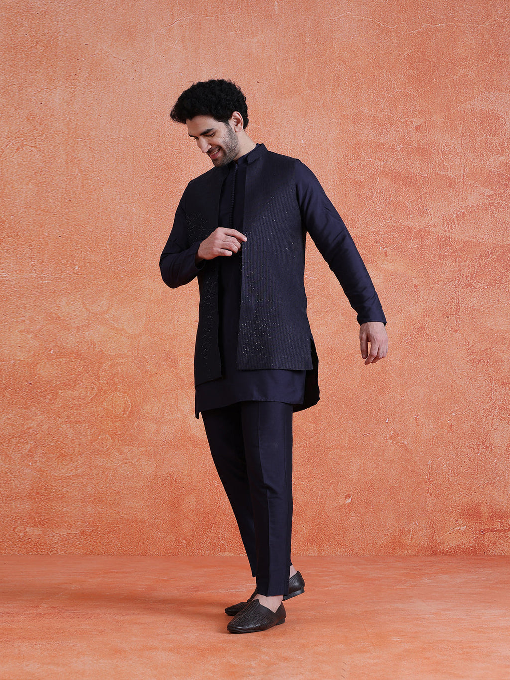 Blue Silk Blend Sequin Mid Kurta Front Open Long Jacket Trouser Set