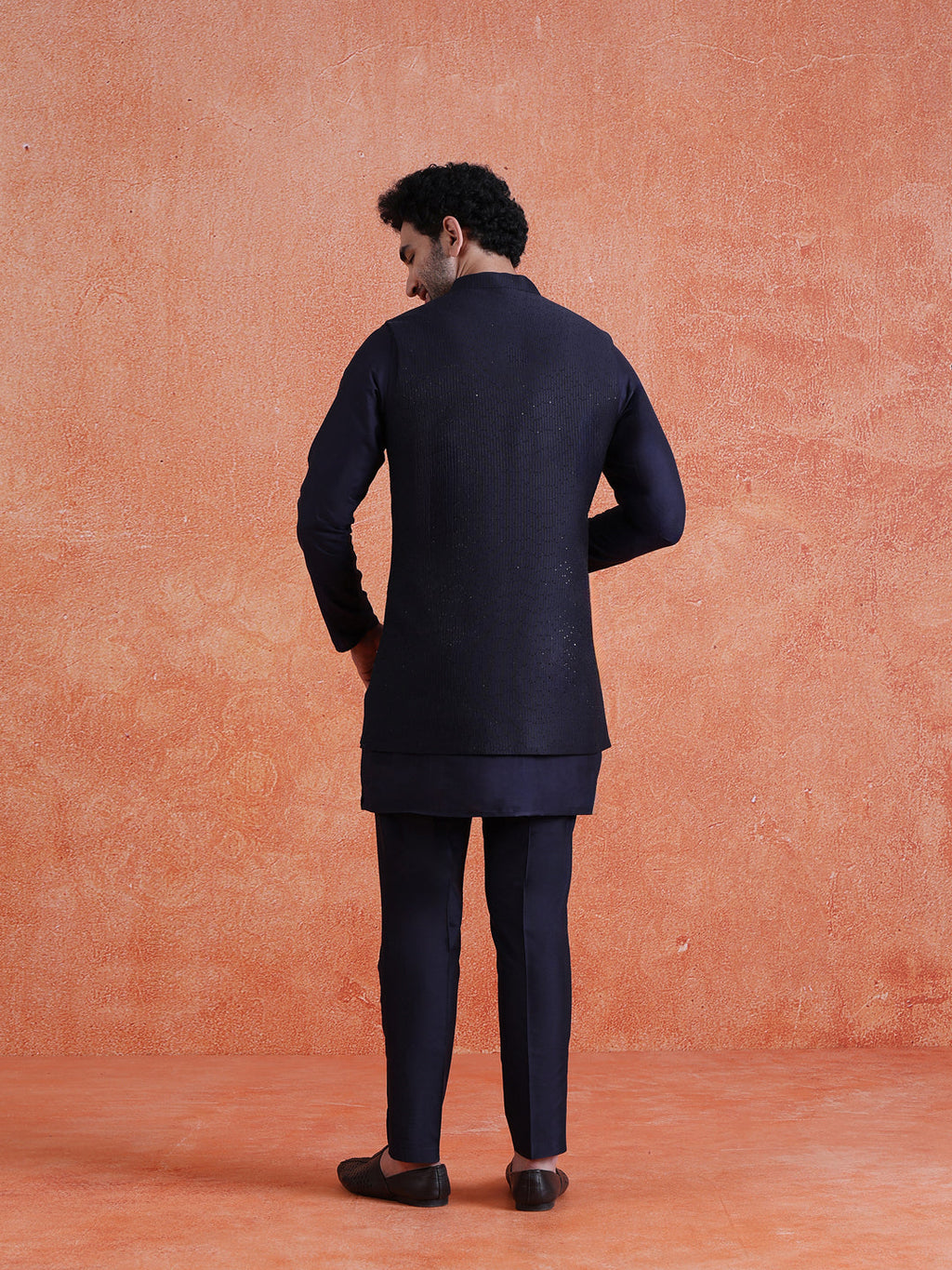 Blue Silk Blend Sequin Mid Kurta Front Open Long Jacket Trouser Set