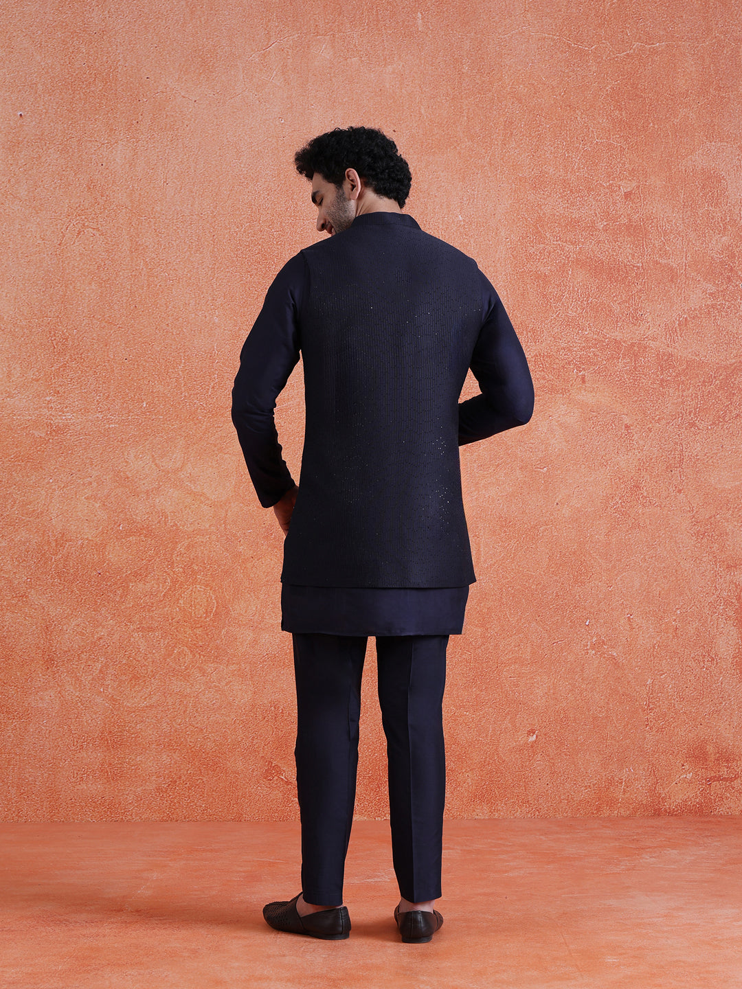 Blue Silk Blend Sequin Mid Kurta Front Open Long Jacket Trouser Set