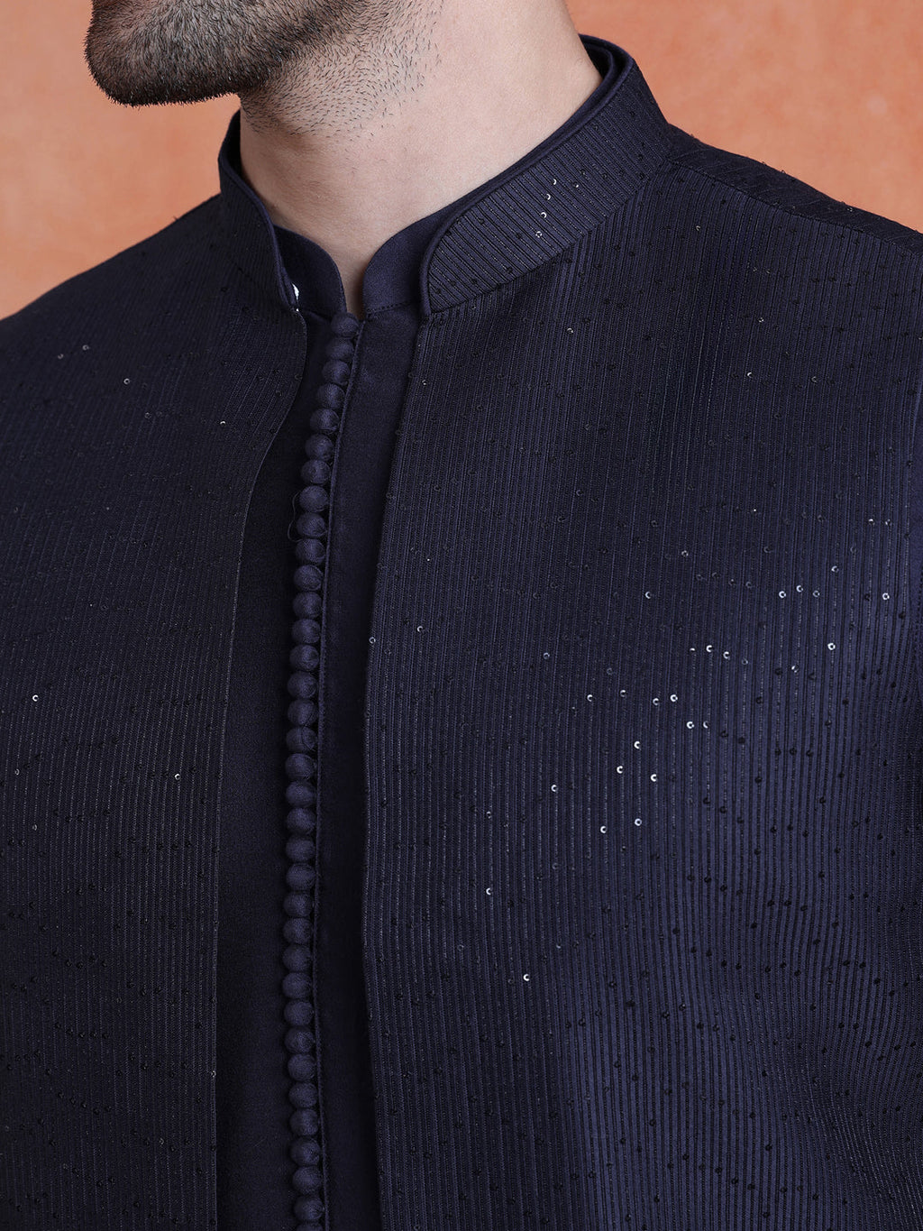 Blue Silk Blend Sequin Mid Kurta Front Open Long Jacket Trouser Set