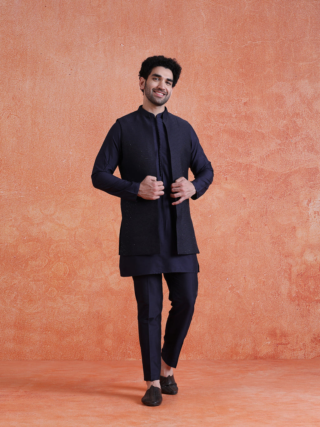 Blue Silk Blend Sequin Mid Kurta Front Open Long Jacket Trouser Set