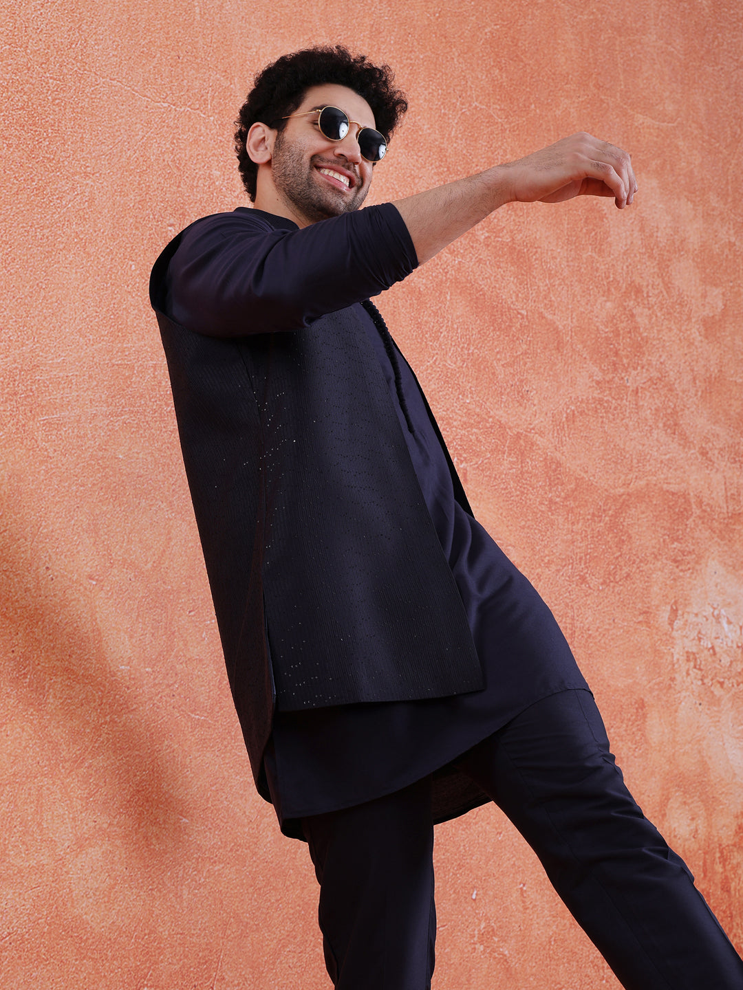 Blue Silk Blend Sequin Mid Kurta Front Open Long Jacket Trouser Set