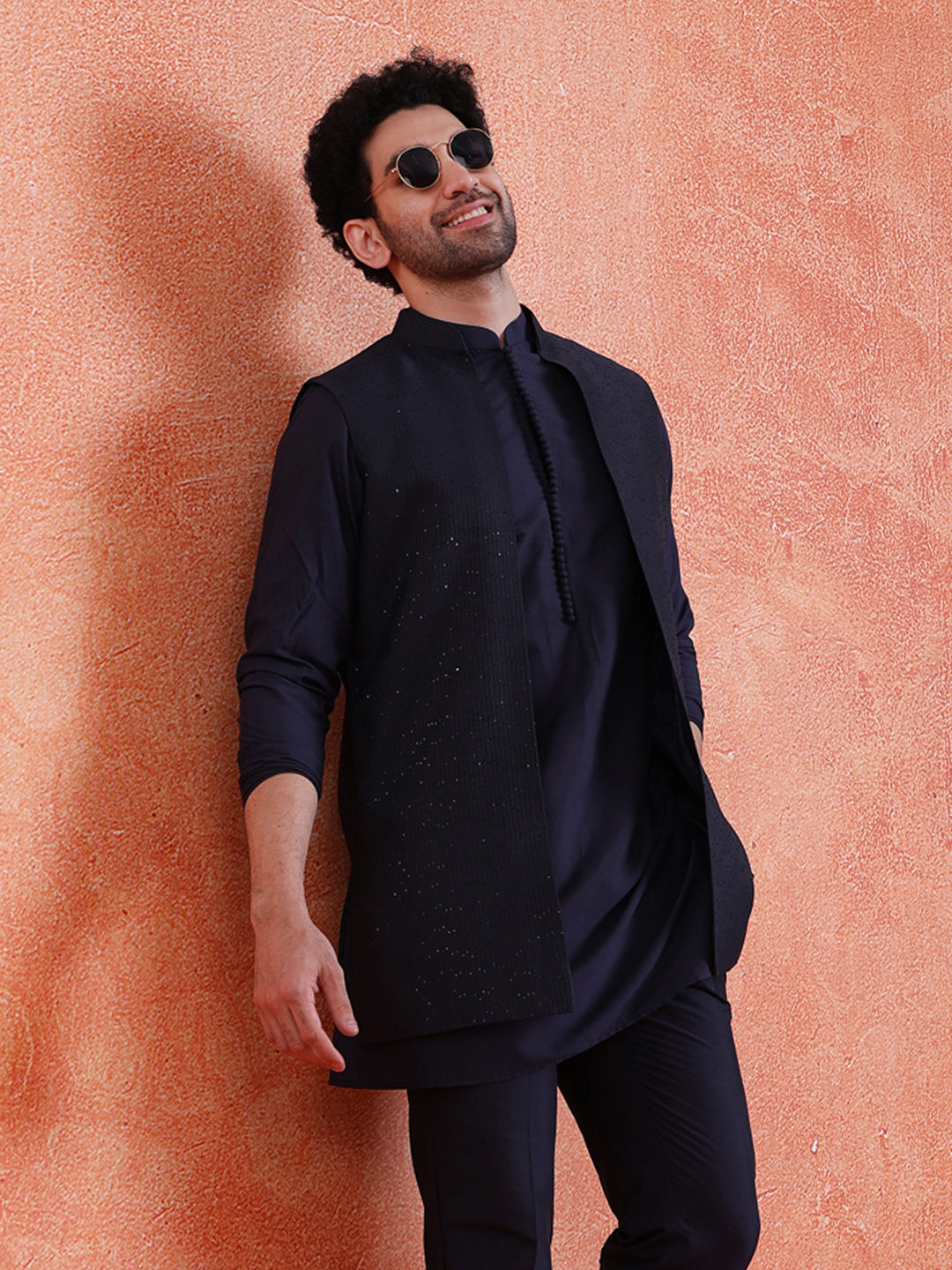 Blue Silk Blend Sequin Mid Kurta Front Open Long Jacket Trouser Set