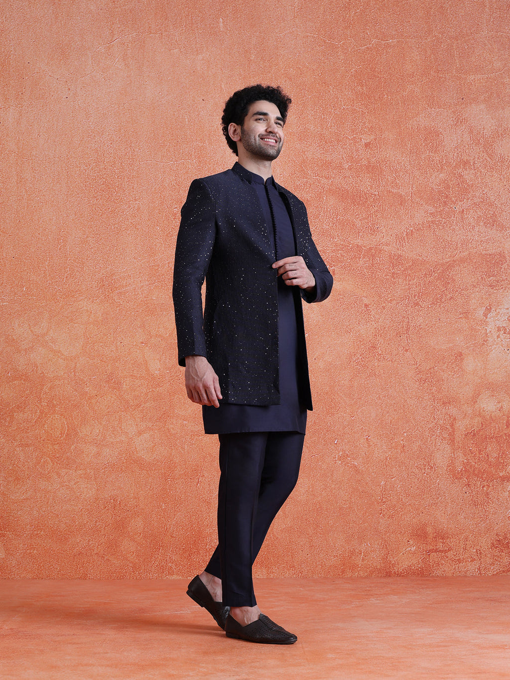 Navy Blue Silk Blend Sequin Mid Kurta Front Open Double Layer Short Sherwani Trouser Set