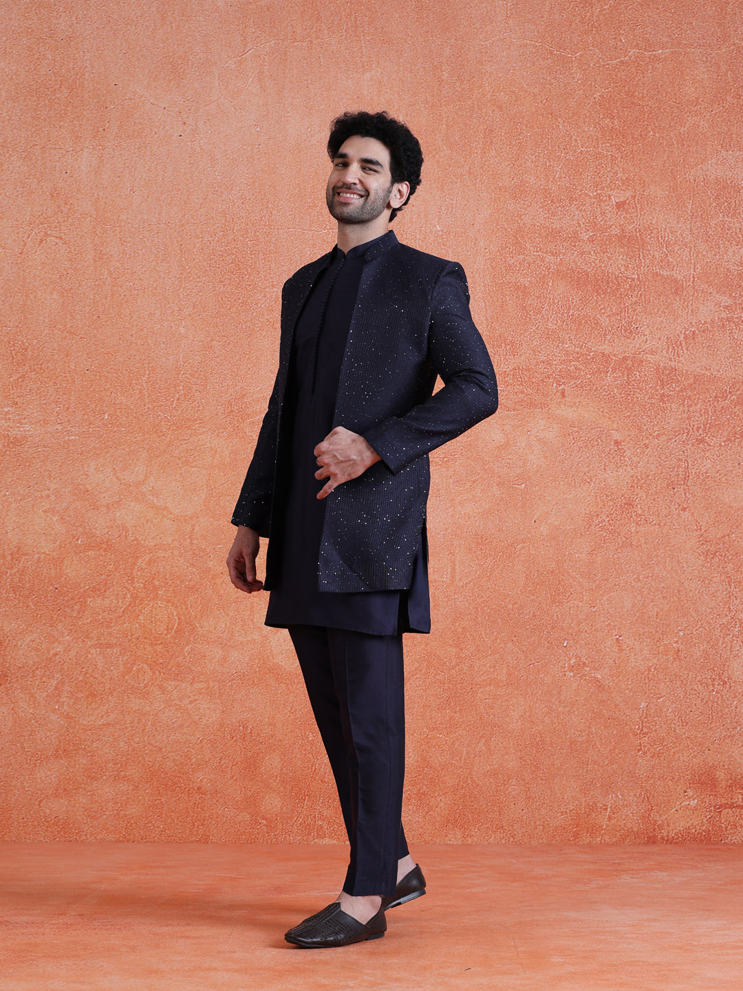 Navy Blue Silk Blend Sequin Mid Kurta Front Open Double Layer Short Sherwani Trouser Set