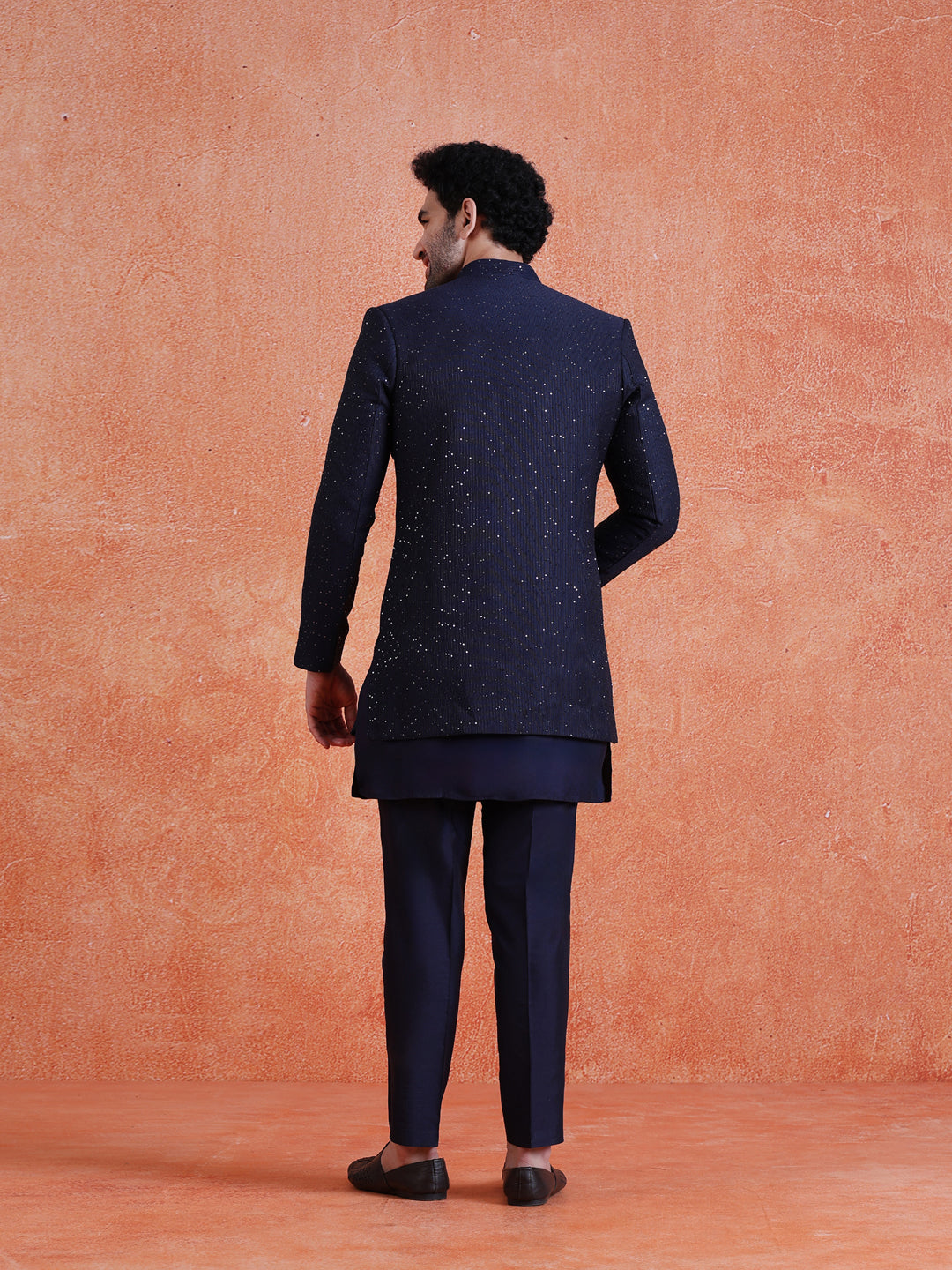 Navy Blue Silk Blend Sequin Mid Kurta Front Open Double Layer Short Sherwani Trouser Set