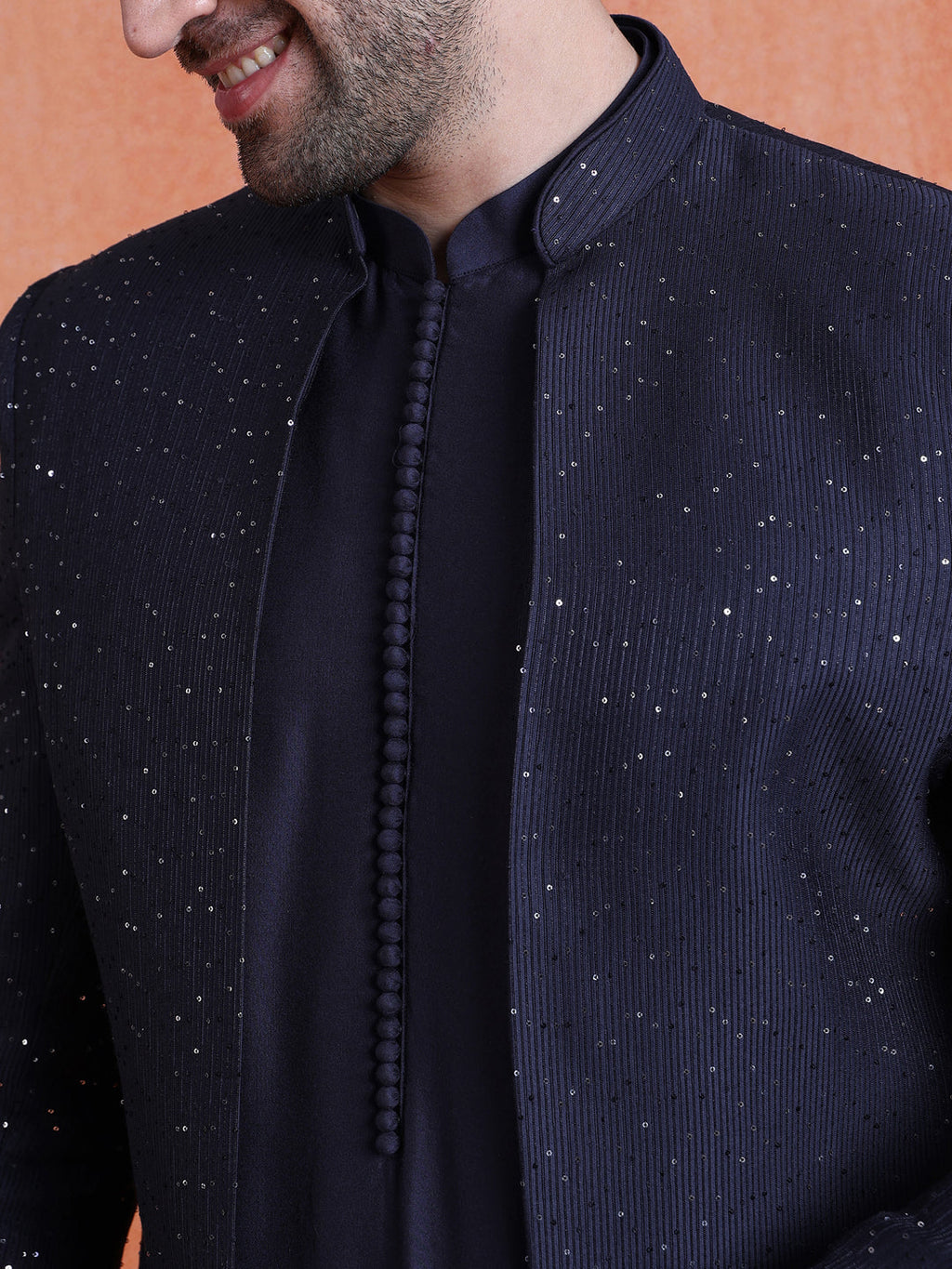 Navy Blue Silk Blend Sequin Mid Kurta Front Open Double Layer Short Sherwani Trouser Set
