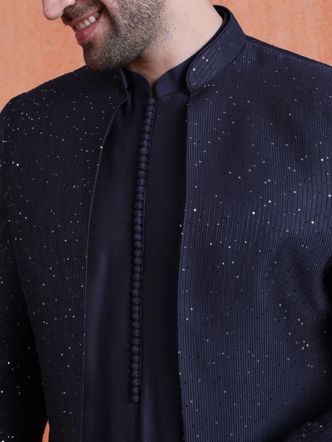 Navy Blue Silk Blend Sequin Mid Kurta Front Open Double Layer Short Sherwani Trouser Set