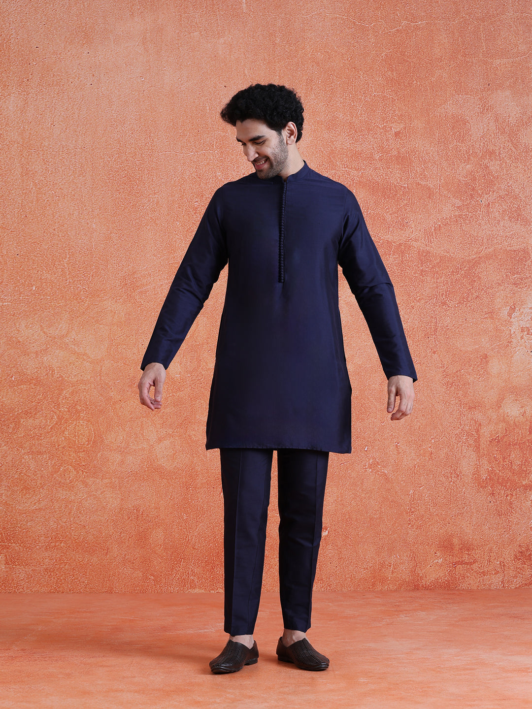Navy Blue Silk Blend Sequin Mid Kurta Front Open Double Layer Short Sherwani Trouser Set