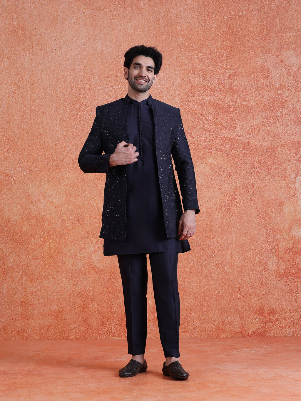 Navy Blue Silk Blend Sequin Mid Kurta Front Open Double Layer Short Sherwani Trouser Set