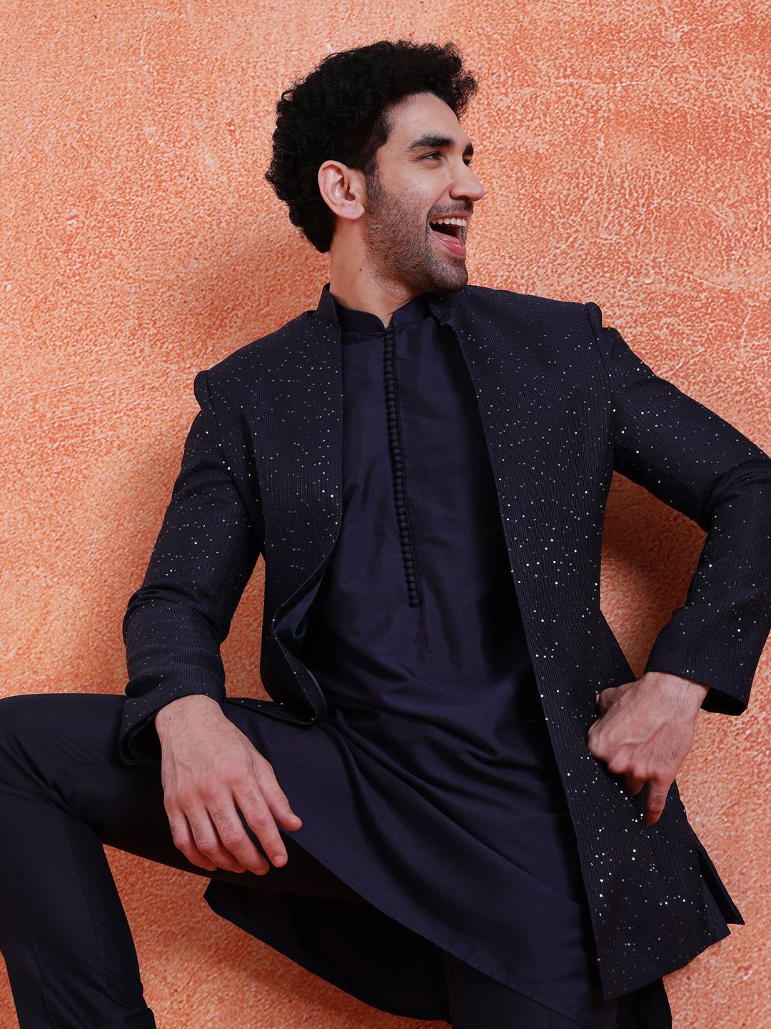 Navy Blue Silk Blend Sequin Mid Kurta Front Open Double Layer Short Sherwani Trouser Set