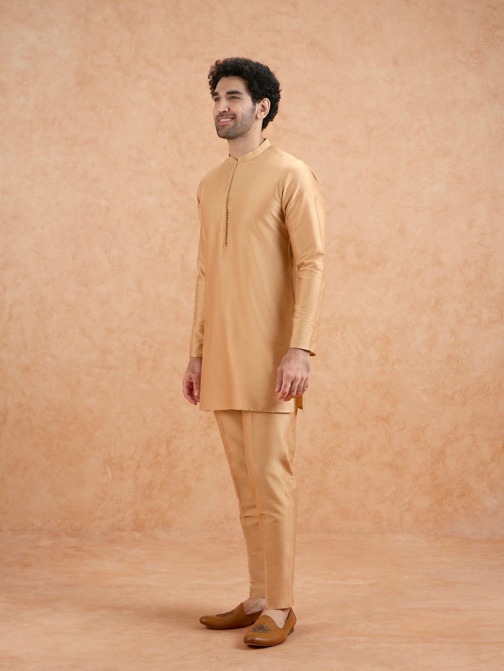Golden Poly Silk Solid Mid Kurta