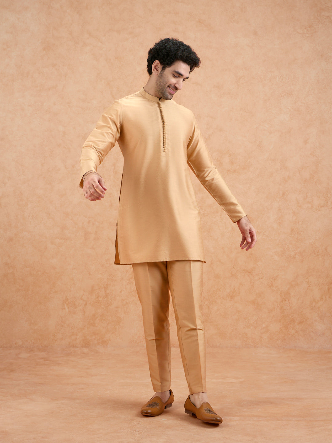 Golden Poly Silk Solid Mid Kurta