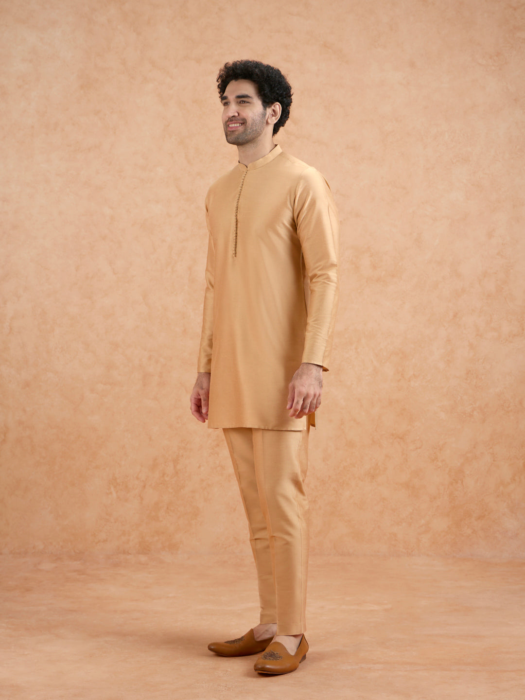 Golden Poly Silk Solid Mid Kurta Trouser Set