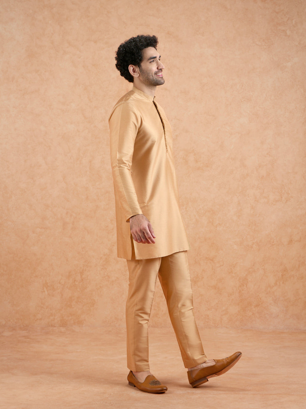 Golden Poly Silk Solid Mid Kurta Trouser Set